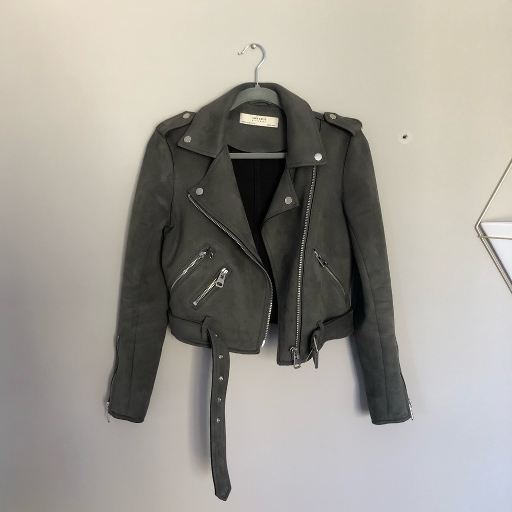 Zara Faux Suede Moto Jacket - Green Grey Colour